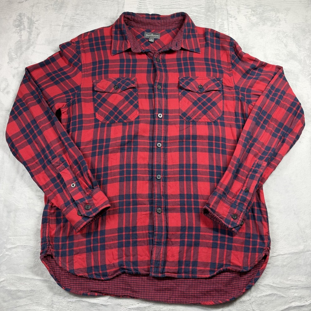 L.L.Bean Signature Men's Large Slim Fit Red Navy Plaid Flannel Shirt